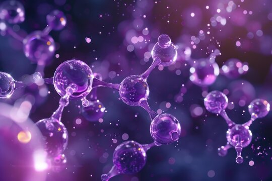 Purple molecules floating and connecting, creating complex structures in a microscopic biomedical world with bokeh effect - Powered by Adobe
