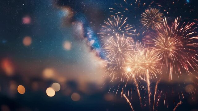 Vibrant fireworks illuminate a starry night sky with nebula clouds and bokeh lights in a celebratory event backdrop