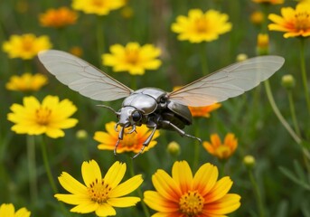 Macro closeup of a black insect mini robot or fly with wings on a yellow flower in spring or summer garden nature wildlife