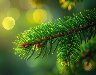 Vibrant close-up of a sunlit evergreen branch with soft bokeh background
