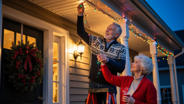 Senior couple decorating front porch with Christmas lights. Happy man on ladder hanging festive string while woman assists in evening