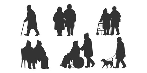 CAD Drawings.  Elderly people silhouette in winter isolated on white background. Vector illustration.