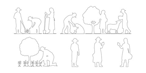 Fototapeta premium CAD Drawings. Farmers and agricultural workers outline in various activities isolated on white background. Vector illustration.