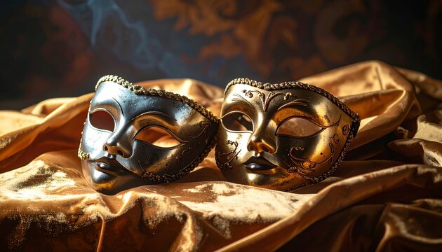 Golden Venetian carnival mask on a black background for a mysterious masquerade party