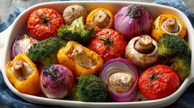 Fresh bell peppers, juicy tomatoes, and earthy mushrooms fill a baking dish as they roast, creating a vibrant and healthy dish perfect for sharing during a sunny afternoon meal