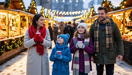 Fototapeta premium Happy family with two children enjoying a festive winter evening at a Christmas market. Parents and kids walking in the snow with warm drinks during the holiday season
