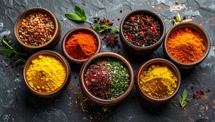 Spicy red chili powder and dry cinnamon seasoning ingredients in wooden bowls with a spoon for cooking cuisine aroma