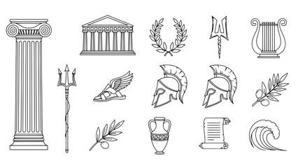 A detailed set of fourteen outlined Greek mythology and ancient civilization icons including columns, temples, helmets, tridents, amphora, scrolls, and olive branches, arranged on a white background.