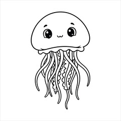 A Cute Little jellyfish with wavy tentacles black line art