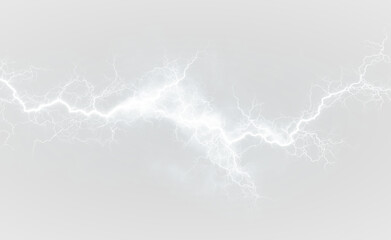 Thunder strike PNG. Bright white electric arcs flash across the sky in a storm. Ideal for dramatic overlays or intense weather effects. Neon lightning PNG.
