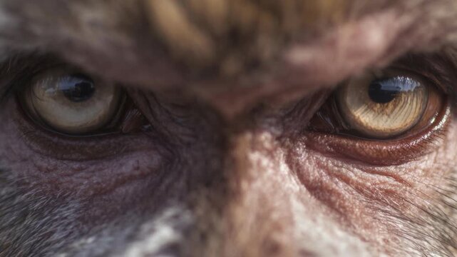 Extreme closeup of monkey eyes slowly blinking conveying animal intelligence emotion and powerful wildlife conservation message