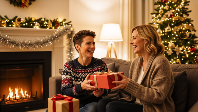 Two happy women exchanging Christmas gifts on a sofa. Smiling female friends celebrating holiday near fireplace and tree