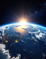 Fototapeta premium Stunning high-altitude view of Earth at sunrise over the Mediterranean basin showcasing illuminated city lights.