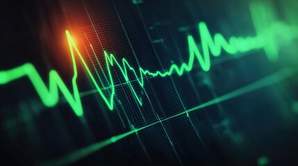 Dynamic green heartbeat waveform displayed on a digital screen illustrating medical technology