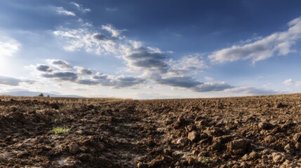 Golden earth with scattered stones forms a fertile field as bright sunlight illuminates the scene. Fluffy clouds drift above, promising an idyllic day for farming