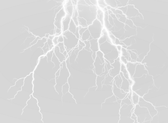Realistic white lightning PNG. Powerful jagged bolts spark from dark clouds with electric energy. Transparent background for versatile use in designs.