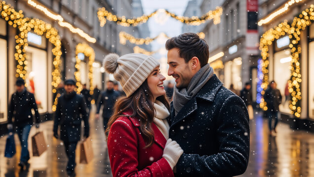 Happy young couple embracing on a snowy city street. Romantic man and woman enjoying a winter date during the Christmas holidays with festive lights - Powered by Adobe