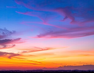 Vibrant sunset sky with dramatic swirling clouds over a distant horizon.