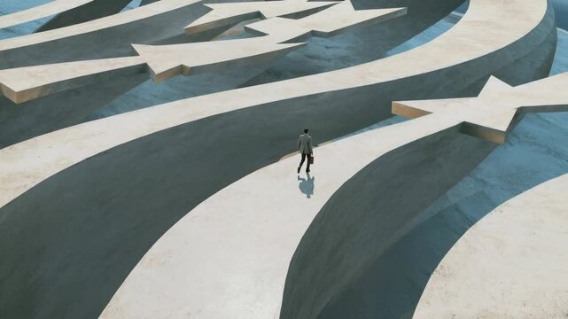 Solitary figure walks among sweeping concrete maze corridors from elevated view representing complexity confusion and search for direction in modern life