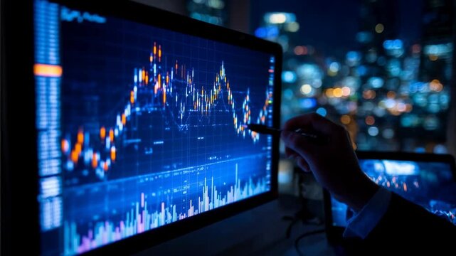 Businessperson analyzes multiple glowing charts on large monitor in dark office overlooking city lights symbolizing fintech trading innovation and global market volatility