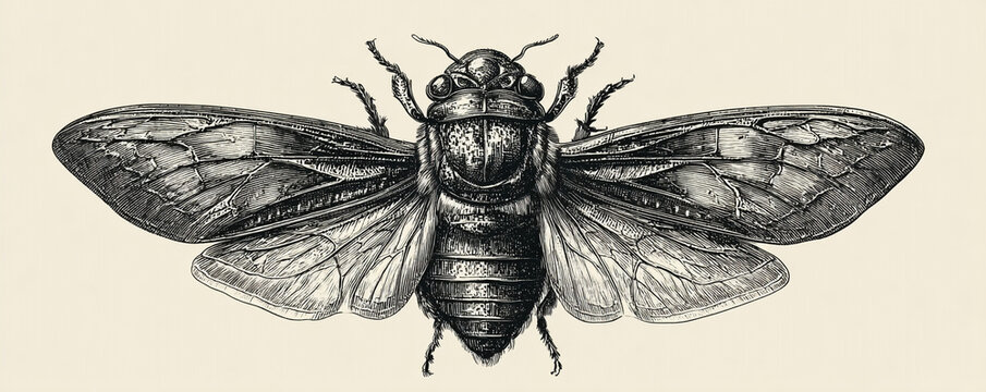 Detailed winged insect engraving in fine lines isolated on white background