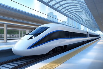 High speed train with white and blue color scheme at high speed rail station with glass roof over platform showing exterior design elements