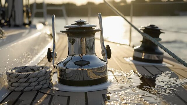 Close-up of yacht winch with splashing water, showcasing dynamic action on deck, camera captures motion and reflections in sunlight, scene evolves