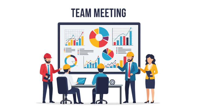 Diverse team of professionals in hard hats collaborating during a business meeting presenting charts and graphs on a large screen