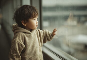 Toddler boy looking out airport window feeling curious