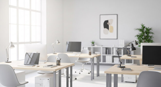 Bright modern office interior with desks computers and artwork - Powered by Adobe