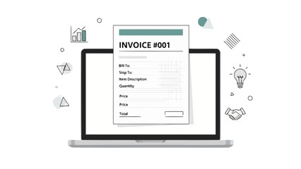 Digital invoice displayed on a laptop screen with business related icons and graphic elements signifying financial success