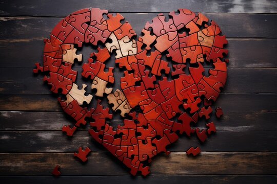 Red wooden jigsaw puzzle forming a broken heart shape is lying on a dark rustic background, representing heartbreak and lost love