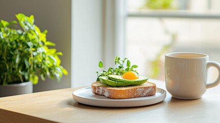 Inviting avocado toast topped with greens and sunny egg on a plate with coffee in a warm setting