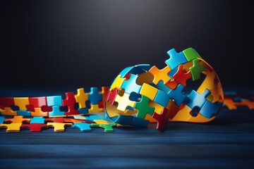 Vibrant puzzle pieces creating a sphere and a ribbon symbolize autism awareness, neurodiversity, and problem solving