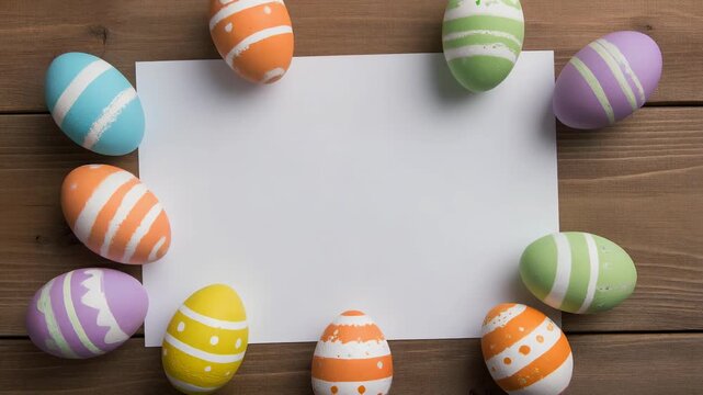 Colorful painted Easter eggs with stripes and dots framing a blank white paper on dark wood for a holiday message