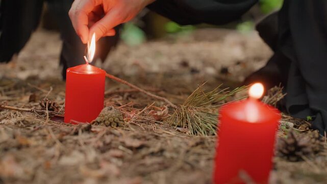 Close up of hand lighting red candle on forest floor surrounded by pinecones and dry leaves, creating mystical mood of ritual preparation, firelight reflection