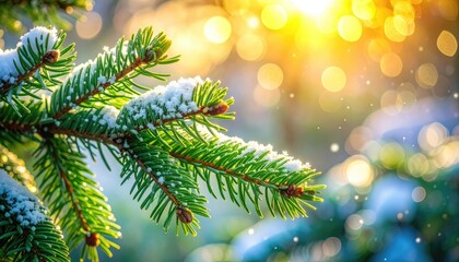 A close-up of a snow-dusted evergreen branch illuminated by warm, golden sunlight bokeh in the background.