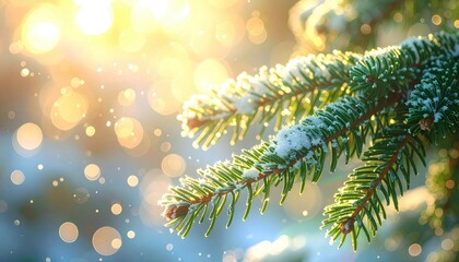 A close-up of a snow-dusted evergreen branch bathed in golden, sparkling sunlight.