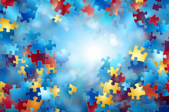 Vibrant puzzle pieces creating a border around a bright center against a soft blue backdrop, symbolizing autism awareness - Powered by Adobe