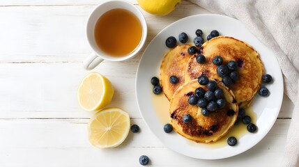 Top view of pancakes with blueberries on white wooden table with copy space