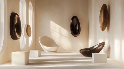 Stylish interior design showcasing sculptural furniture in warm tones and soft lighting for modern aesthetic appeal