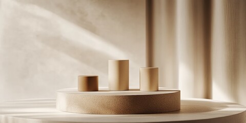 Charming arrangement of cylindrical decorative pieces on a soft textured surface illuminated by gentle light