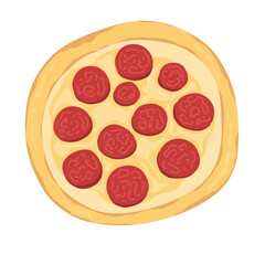 pizza on a white background. pizza. food.  italian food. cheese. pepperoni. cartoon. eat. delicious. yummy. red. yellow. circle.