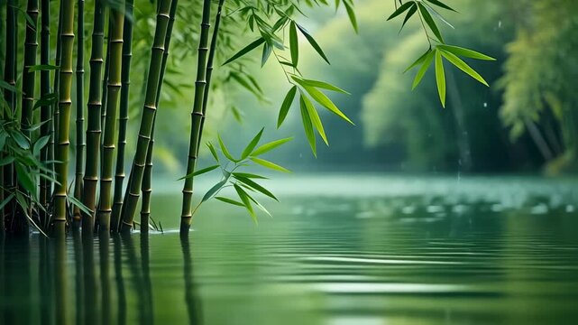 Bamboo stalks growing in calm pond with reflections and green foliage, zen garden water ripples with soothing natural beauty.