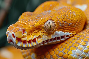 Fototapeta premium Striking close up of an albino python, highlighting its unique orange and white scales and captivating eye