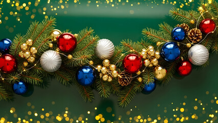 Festive christmas wreath with red blue and white ornaments and pinecones