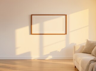 Blank picture frame mockup on white wall in modern Scandinavian living room, minimalist white interior design with empty artwork canvas, home staging and neutral decor concept for prints and posters