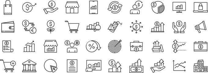 Market and Financial Line Icon set – Chart, Finance, Exchange, Business, Currency, and Stock Line icon pack