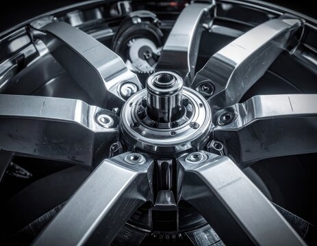 Close-up of a highly polished, multi-spoke metallic wheel hub assembly.