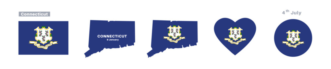 Connecticut flag and map set. American state flags in official colors and proportions. January 9 celebrations, maps, circles, and hearts of Connecticut .